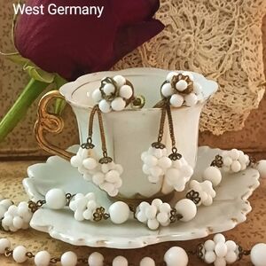 Vtg Milkglass Necklace Earring Set Marked West Germany